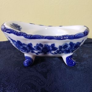Blue White Mini Tub Candle Holder Porcelain Tealight Vintage 4.5" Flow Blue NOS.